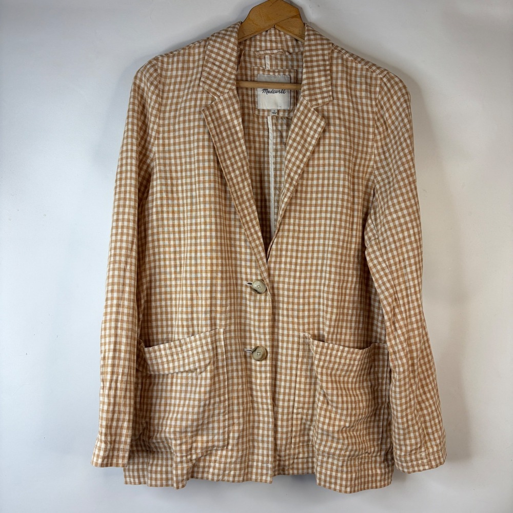Madewell Blazer Women Large Tan Gingham Linen Two Button Patch Pocket Jacket